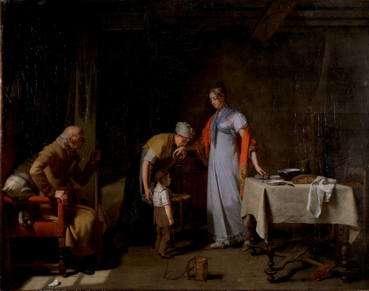 Jeune femme portant secours à une famille malheureuse